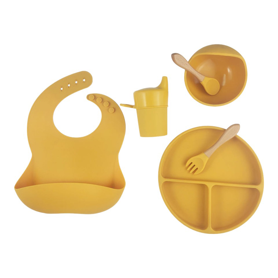 Kid Feeding Set Silicone Bib Suction Bowl Plate Baby Spoon Fork Cup Lid