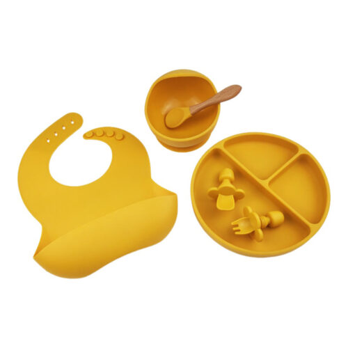 Kid Feeding Silicone Bowl Plate Baby Bib Wooden Handle Spoon Cloud Shape Blocker Fork Set
