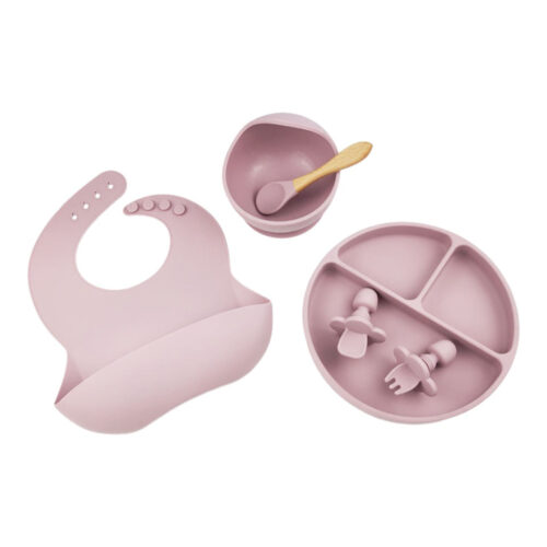 Kid Feeding Silicone Bowl Plate Baby Bib Wooden Handle Spoon Cloud Shape Blocker Fork Set