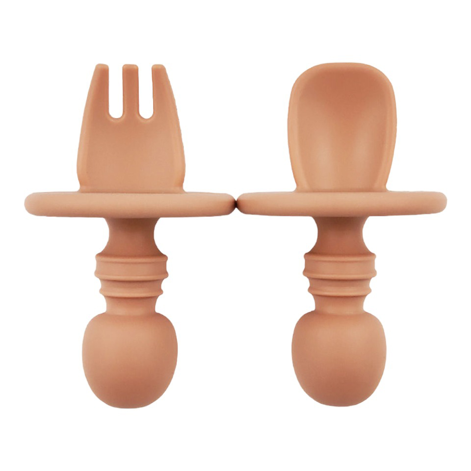 Round Shape Blocker Silicone Baby Feeding Set Spoon and Fork Toddler Training