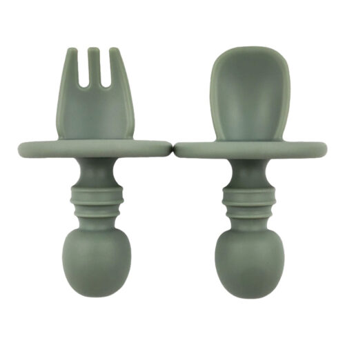 Round Shape Blocker Silicone Baby Feeding Set Spoon and Fork Toddler Training