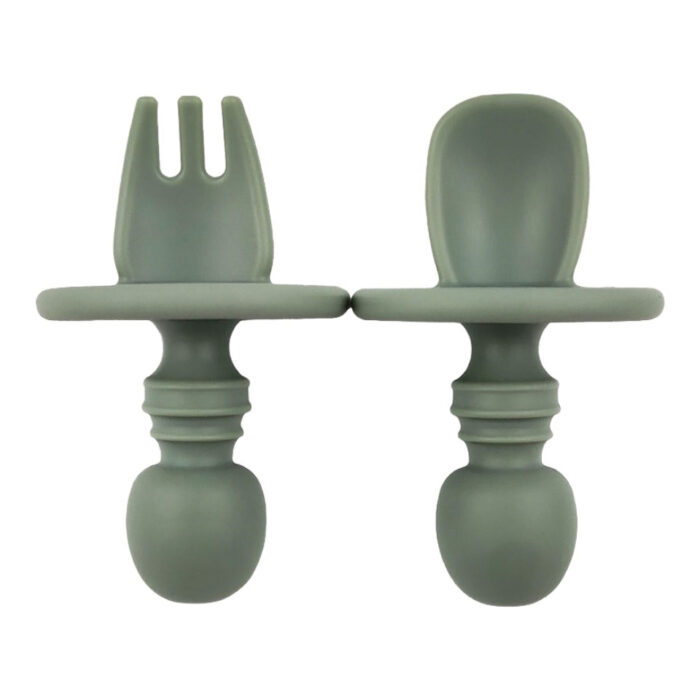 Round Shape Blocker Silicone Baby Feeding Set Spoon and Fork Toddler Training