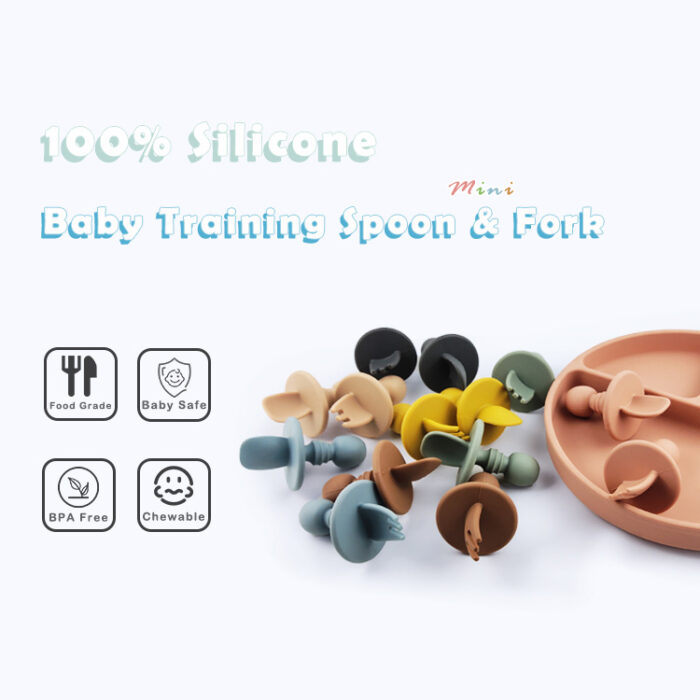 Round Shape Blocker Silicone Baby Feeding Set Spoon and Fork Toddler Training