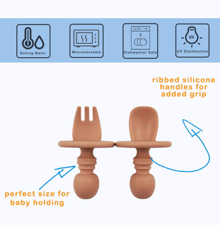 Round Shape Blocker Silicone Baby Feeding Set Spoon and Fork Toddler Training