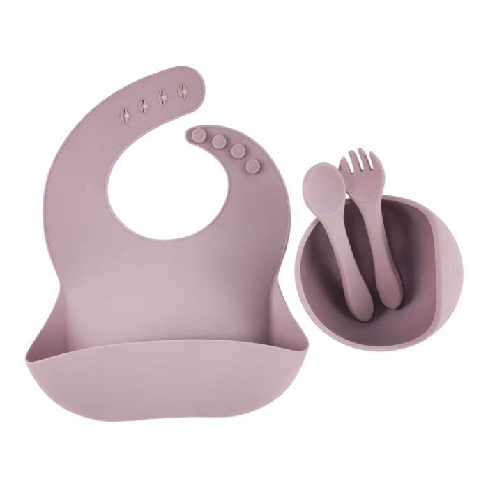 Silicone Baby Feeding Set Bib Suction Bowl with Spoon Fork Set Infant Weaning
