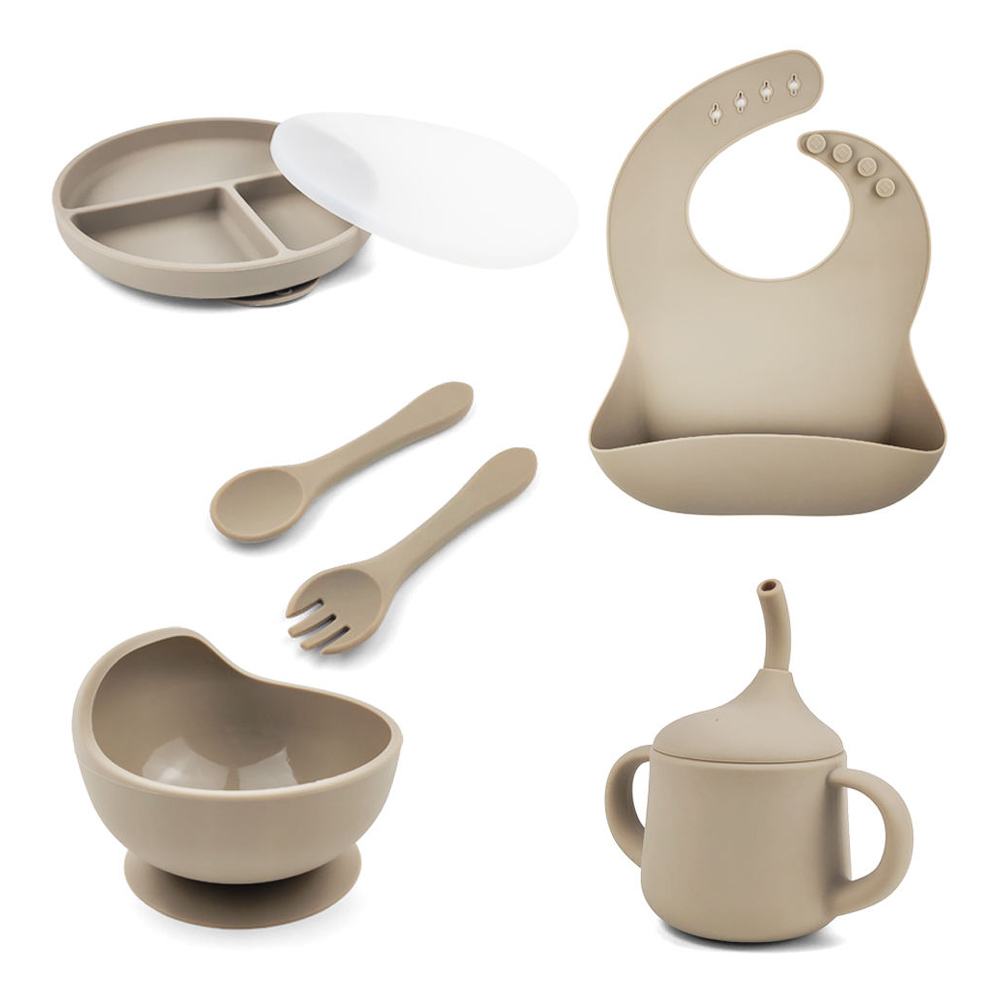 Silicone Bib Suction Plate Bowl Spoon Fork Sippy Cup Baby Dinnerware Set