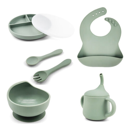 Silicone Bib Suction Plate Bowl Spoon Fork Sippy Cup Baby Dinnerware Set