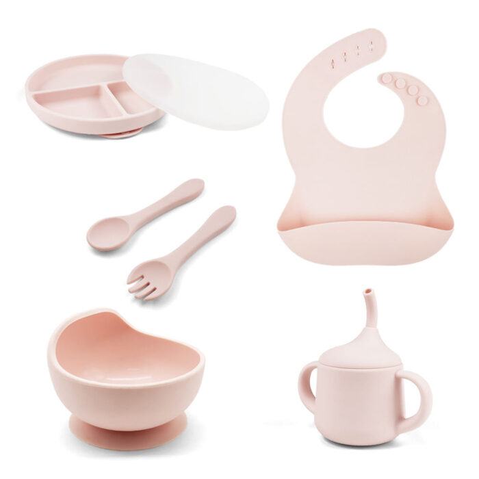 Silicone Bib Suction Plate Bowl Spoon Fork Sippy Cup Baby Dinnerware Set