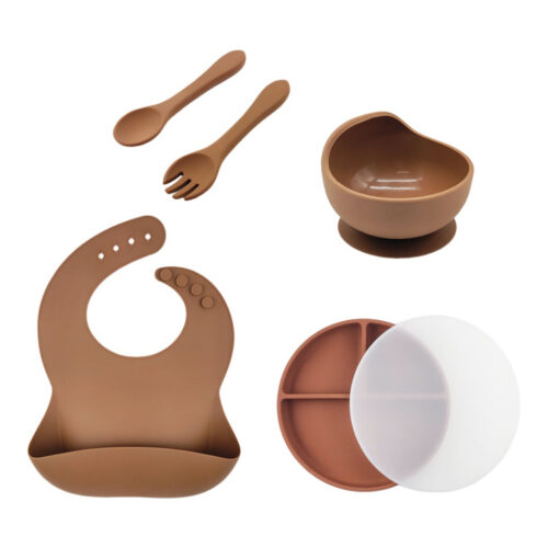 Toddler Dinner Weaning Bowl Spoon Fork Set Baby Bib Silicone Suction Plate with Lid