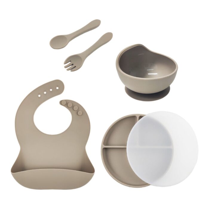 Toddler Dinner Weaning Bowl Spoon Fork Set Baby Bib Silicone Suction Plate with Lid FS097809 - Image 2