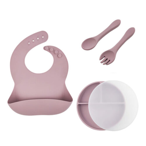 Waterproof Non-toxic Baby Feeding Set Silicone Bib Plate With Lid Spoon Fork