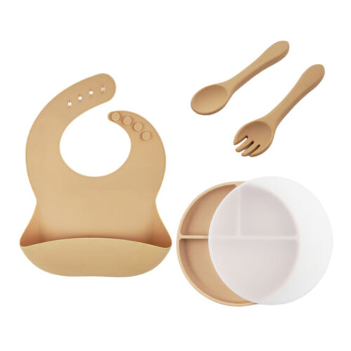 Waterproof Non-toxic Baby Feeding Set Silicone Bib Plate With Lid Spoon Fork