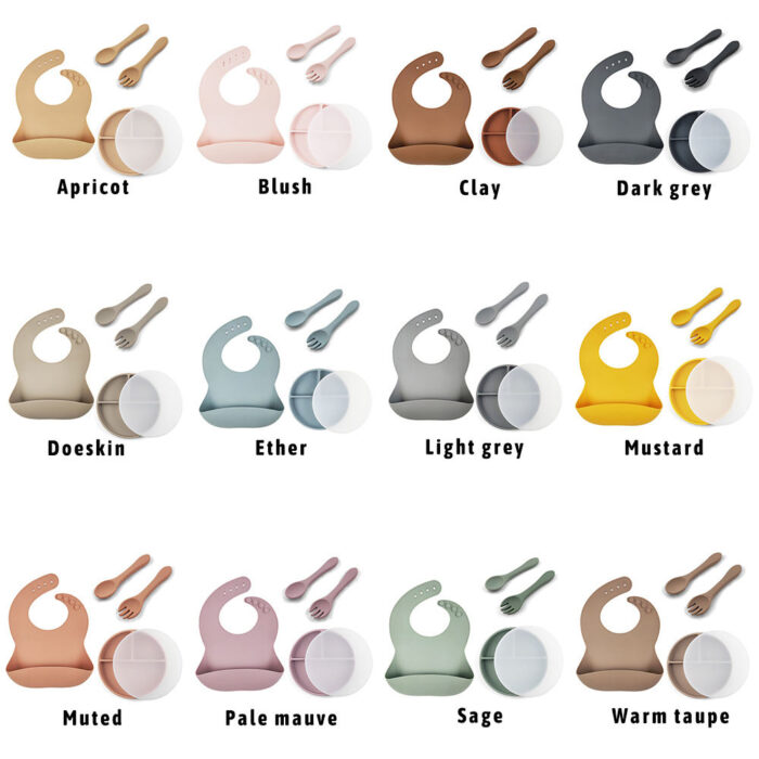 Waterproof Non-toxic Baby Feeding Set Silicone Bib Plate With Lid Spoon Fork