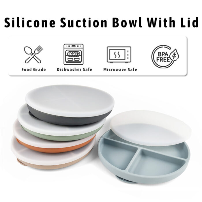 Waterproof Non-toxic Baby Feeding Set Silicone Bib Plate With Lid Spoon Fork