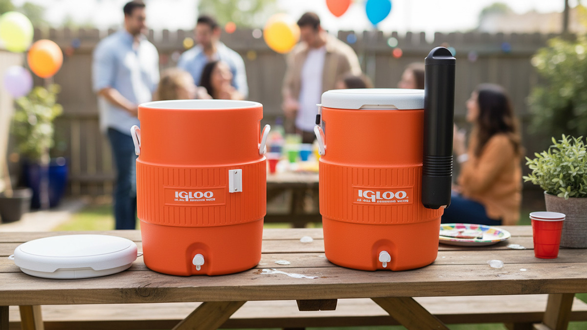 igloo water coolers placed on a wooden table in an outside party