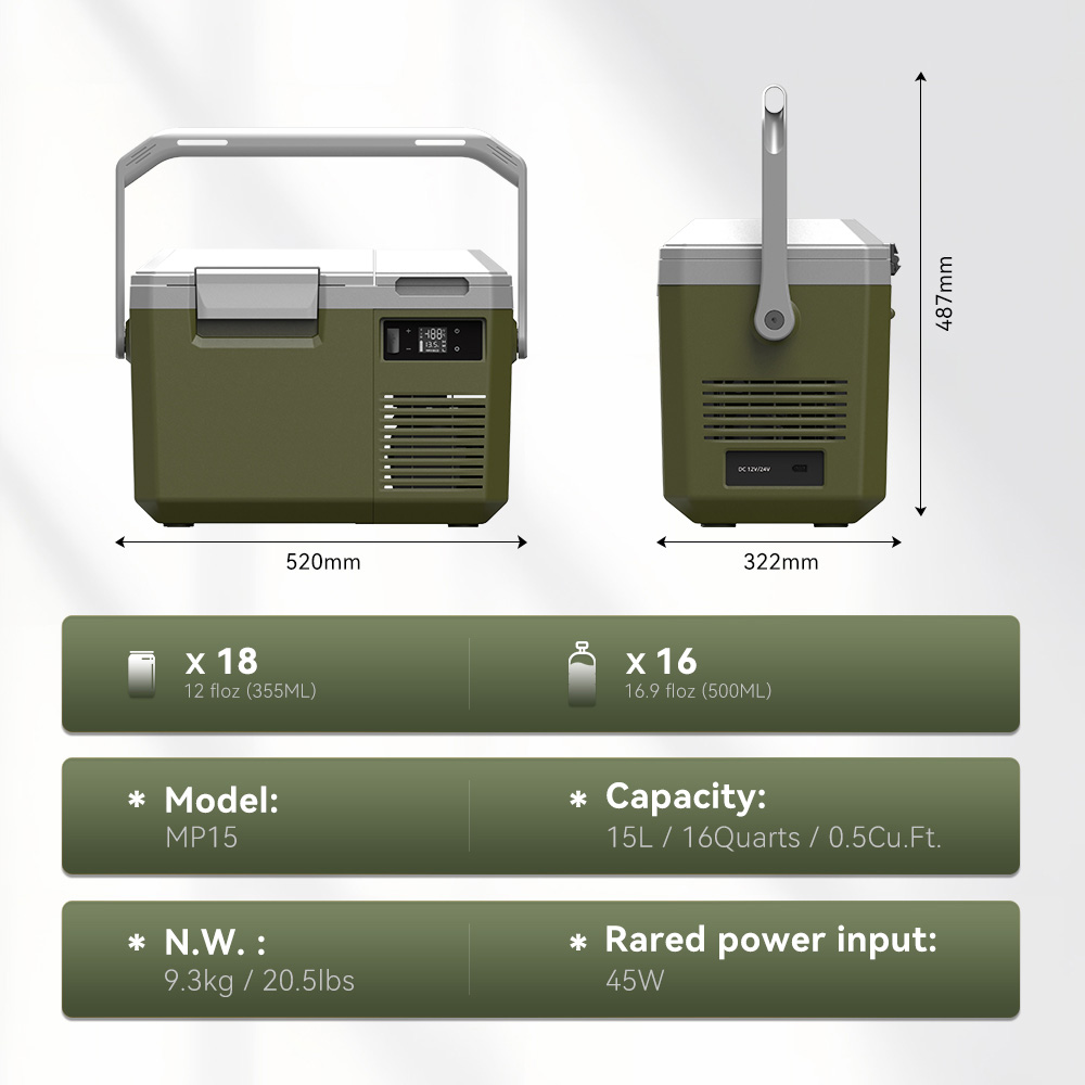 16QT Electric Hard Cooler Battery Powered Mobile Fridge for Outdoor Camper 15L